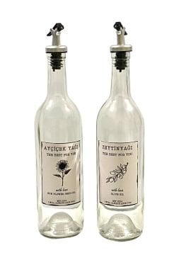 750 ML Şeffaf Şişe Sızdırmaz Başlıklı 2 Adet Cam Şişe Yağdanlık Altlıksız Zeytinyağı-Ayçiçekyağı Yazılı