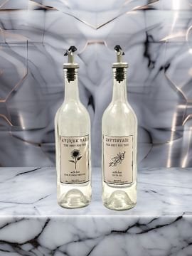 750 ML Şeffaf Şişe Sızdırmaz Başlıklı 2 Adet Cam Şişe Yağdanlık Altlıksız Zeytinyağı-Ayçiçekyağı Yazılı