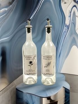 750 ML Şeffaf Şişe Sızdırmaz Başlıklı 2 Adet Cam Şişe Yağdanlık Altlıksız Zeytinyağı-Ayçiçekyağı Yazılı