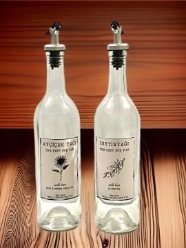 750 ML Şeffaf Şişe Sızdırmaz Başlıklı 2 Adet Cam Şişe Yağdanlık Altlıksız Zeytinyağı-Ayçiçekyağı Yazılı