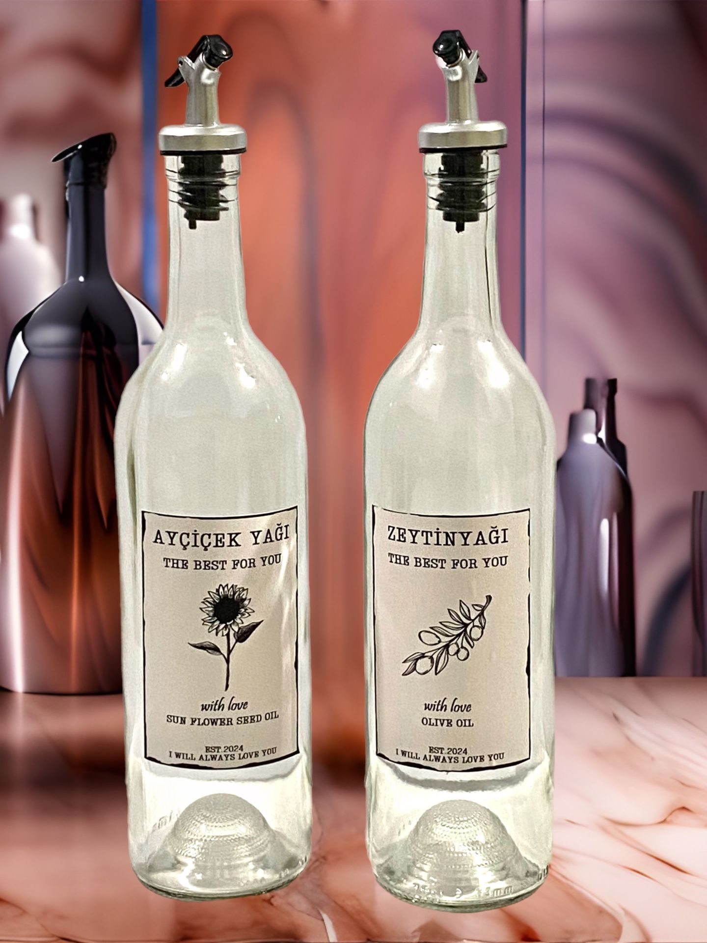 750 ML Şeffaf Şişe Sızdırmaz Başlıklı 2 Adet Cam Şişe Yağdanlık Altlıksız Zeytinyağı-Ayçiçekyağı Yazılı