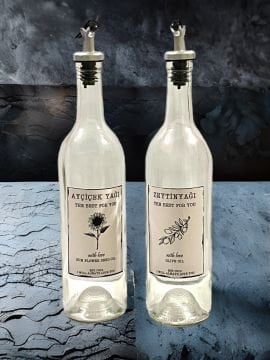 750 ML Şeffaf Şişe Sızdırmaz Başlıklı 2 Adet Cam Şişe Yağdanlık Altlıksız Zeytinyağı-Ayçiçekyağı Yazılı