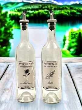 750 ML Şeffaf Şişe Sızdırmaz Başlıklı 2 Adet Cam Şişe Yağdanlık Altlıksız Zeytinyağı-Ayçiçekyağı Yazılı