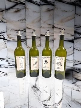 750 ML Koyu Şişe Sızdırmaz Başlıklı 4 Adet Cam Şişe Yağdanlık Altlıksız Zeytinyağı-Ayçiçekyağı Nar Ekşisi ve Sirke Yazılı