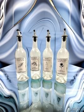 750 ML Şeffaf Şişe Sızdırmaz Başlıklı 4 Adet Cam Şişe Yağdanlık Altlıksız Zeytinyağı-Ayçiçekyağı Sirke ve Nar Ekşisi Yazılı