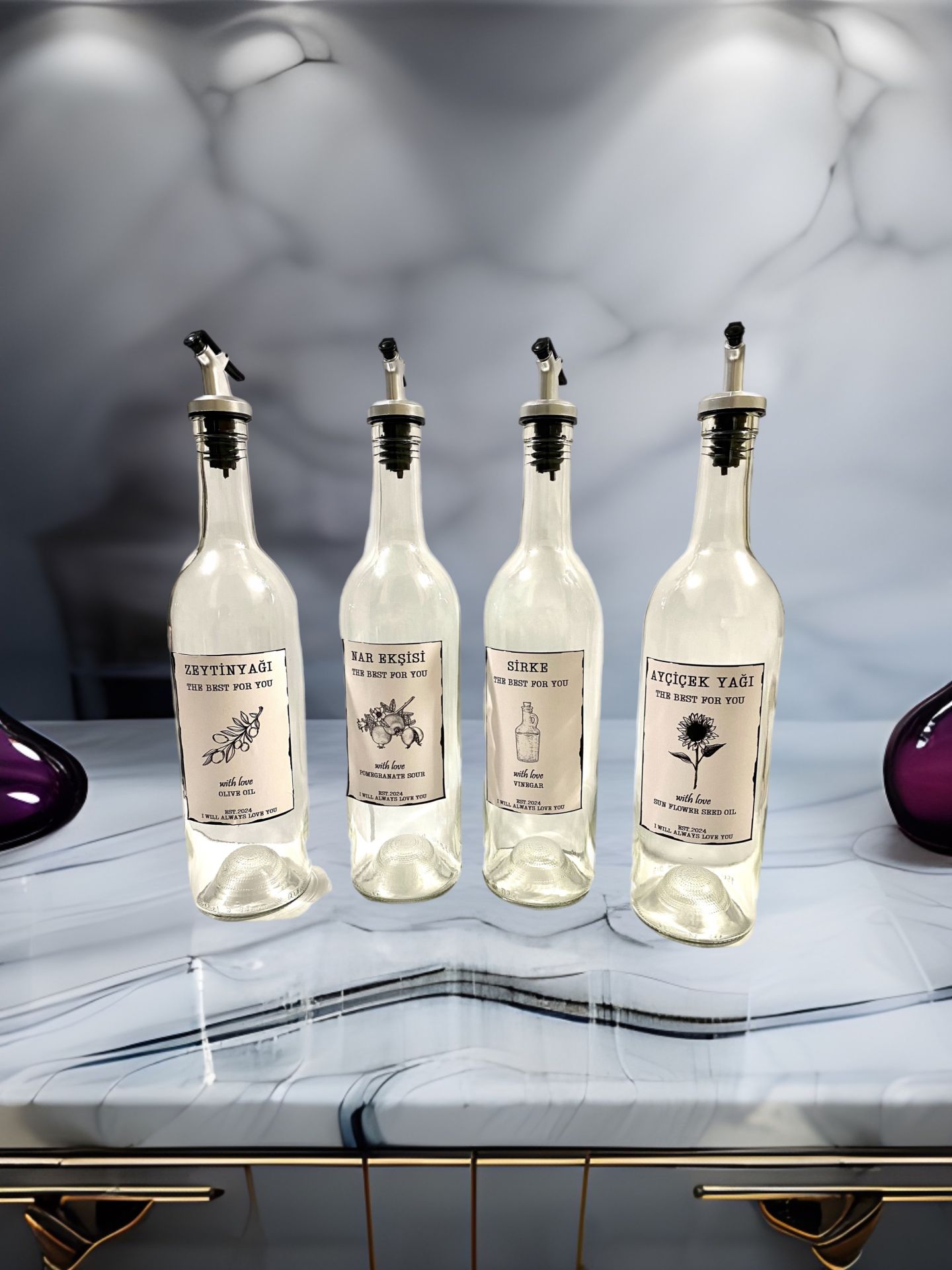 750 ML Şeffaf Şişe Sızdırmaz Başlıklı 4 Adet Cam Şişe Yağdanlık Altlıksız Zeytinyağı-Ayçiçekyağı Sirke ve Nar Ekşisi Yazılı