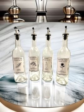 750 ML Şeffaf Şişe Sızdırmaz Başlıklı 4 Adet Cam Şişe Yağdanlık Altlıksız Zeytinyağı-Ayçiçekyağı Sirke ve Nar Ekşisi Yazılı