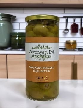 Zeytinyağında Marine Edilmiş Sarımsak Dolgulu Yeşik Zeytin Cam Şişe 450 gram